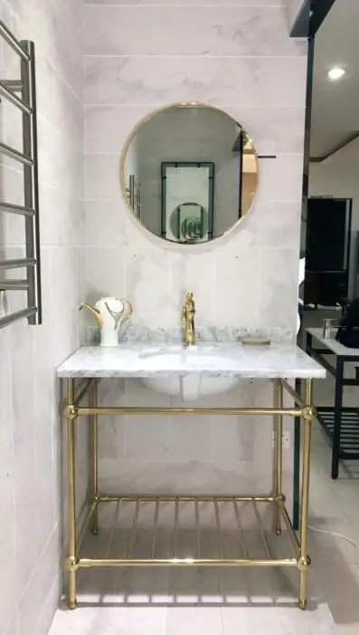 Classic style stainless steel golden frame marble top bathroom vanity