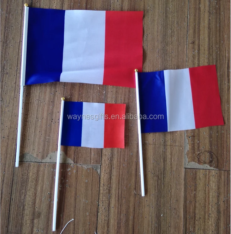 Custom 6 * 9inches France Hand Waving Flag Stock Polyester with Plastic Pole for Cars & Travel Agency Silky Banners