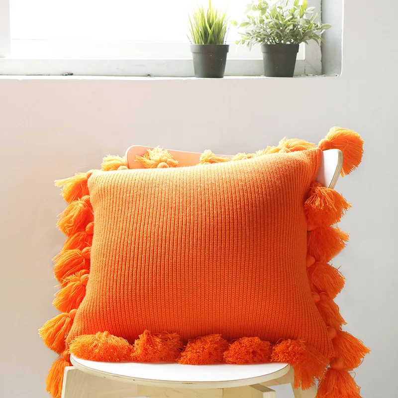 New Style 100% Handmade Square Wool Knitted Cushions Throw Pillow With Tassels
