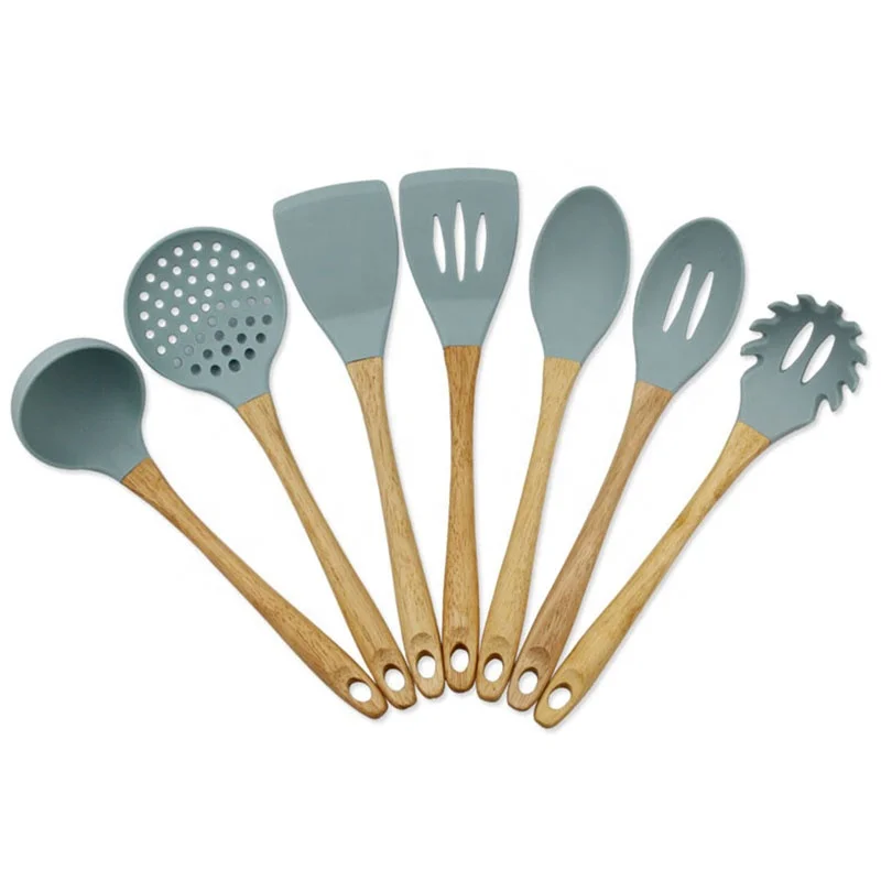 
7PCS Non-stick Heat-resistant Wholesale Cooking Utensil Set Silicone Kitchen Utensils With Wood Handle 