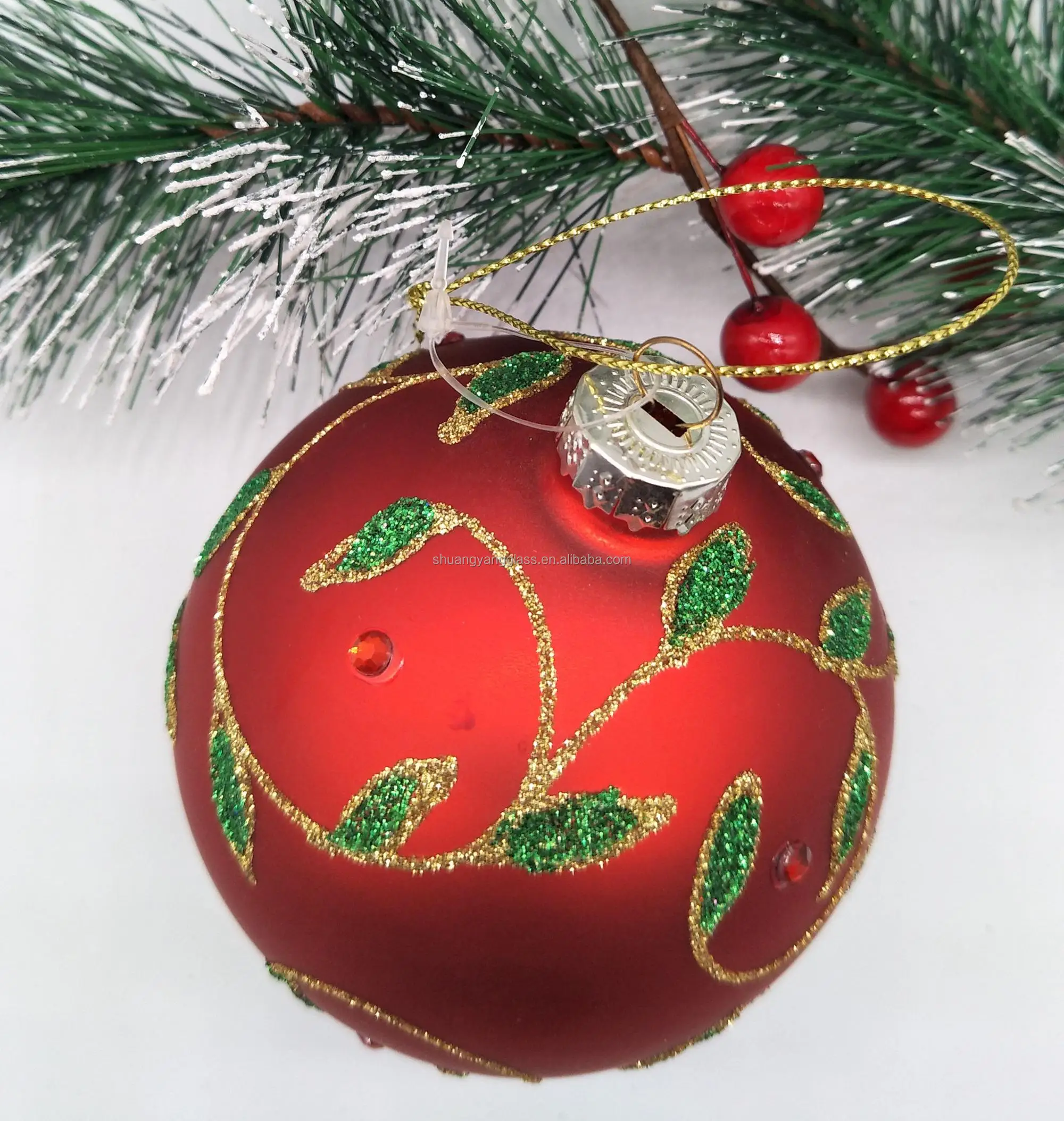 Christmas tree hanging decoration classic red hand-painted green leaf pattern glass balls