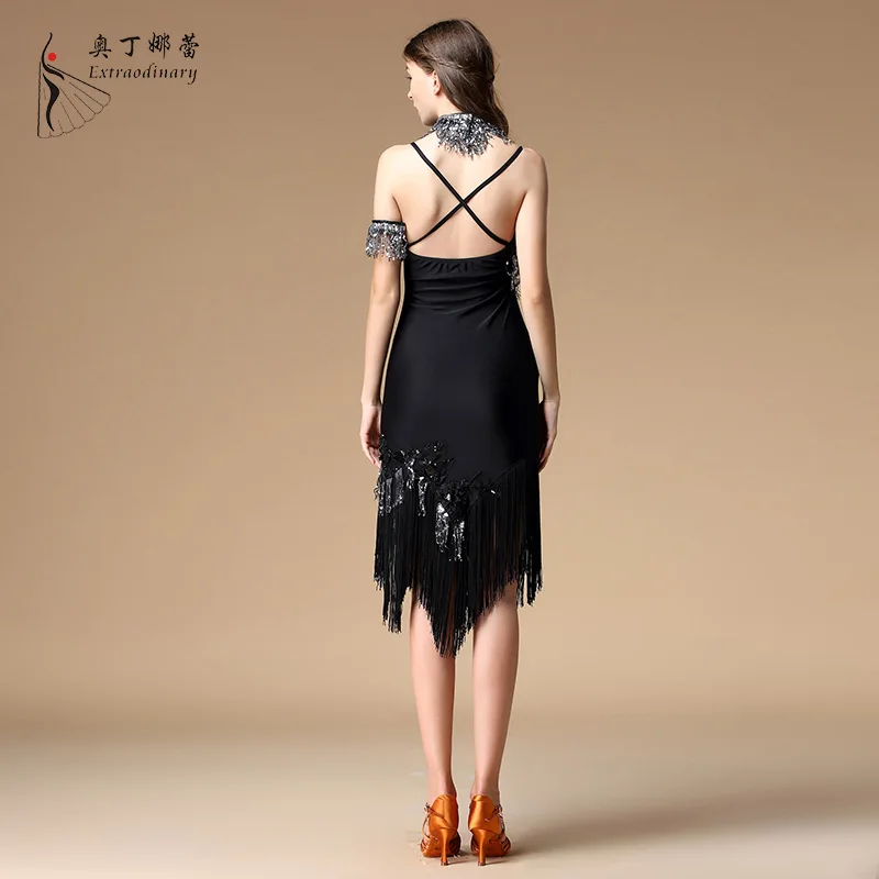 Women flower ballroom latin dance dress with fringe