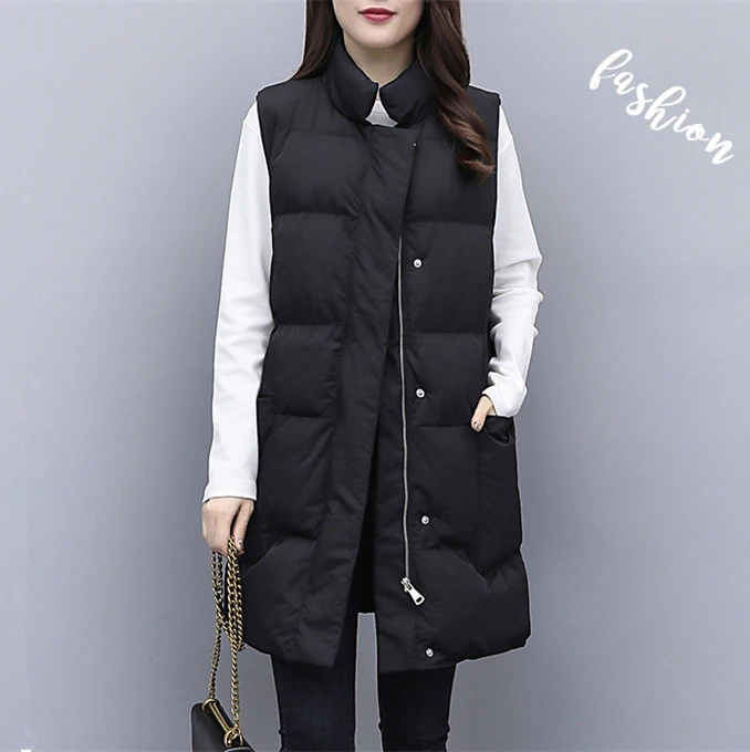 Wholesale Fashionable Spring Sleeveless Puffer Jackets Women Cotton Padded Winter Gilets Vests Long Plus Size XXL Pocket