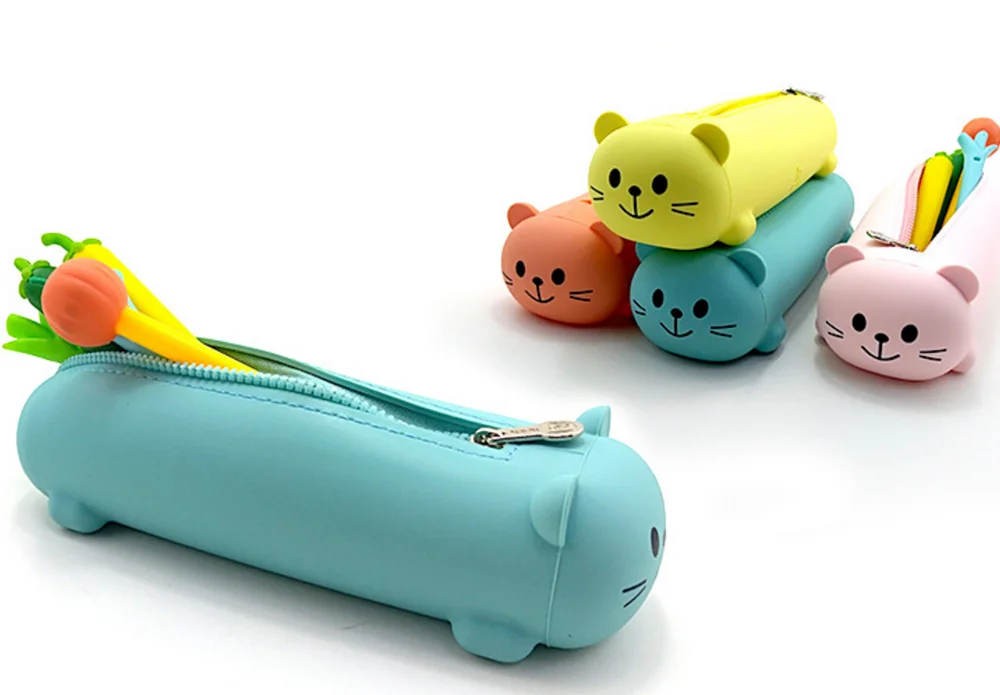 ins hot sale cute bear silicone pencil case zipper, school custom rubber kids pencil case animal