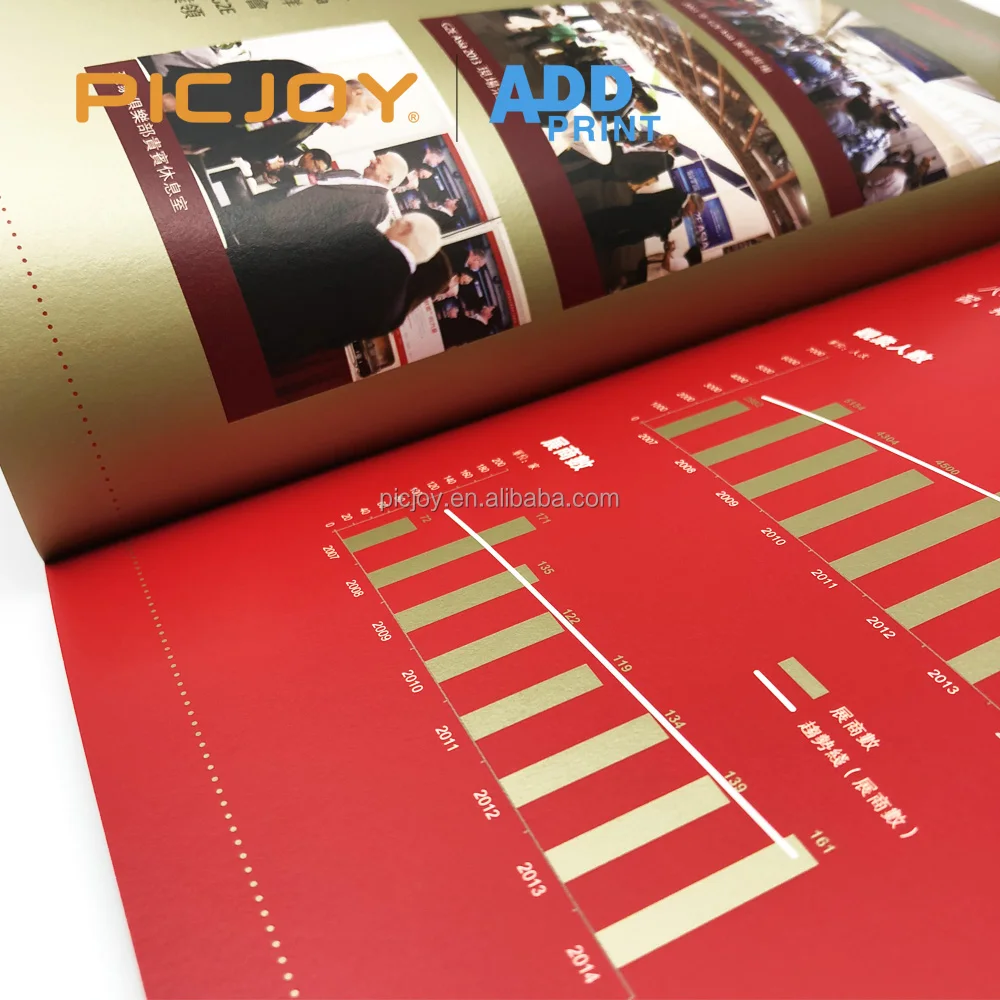52P 184*285mm event guide print brochures with ink varnish and gold hot foil hot stamp printing in shanghai