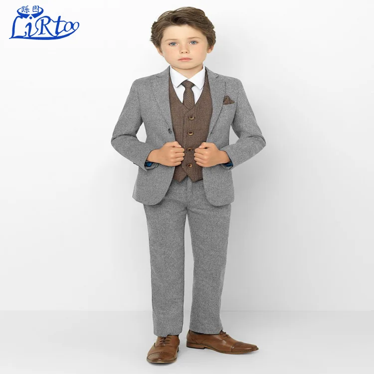 High quality custom boys grey and brown tweed suit new design child track suit