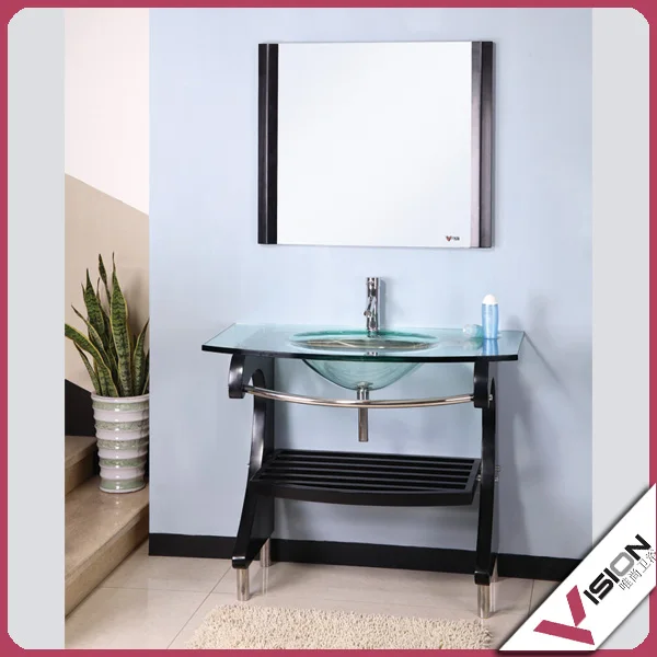 Стеклянная раковина для ванной комнаты с деревянным кронштейном