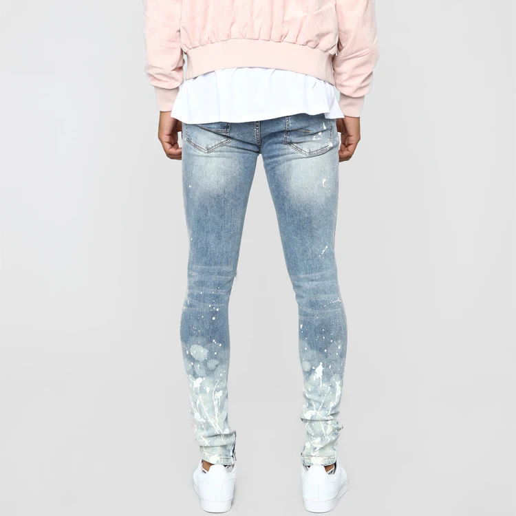 High quality slim fit spray paint denim jeans fashion washed distressed ripped zipper ankle men jeans