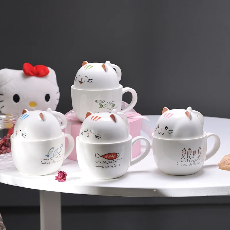 Creative Cartoon Ceramic Mug Porcelain Cup Cute Cat 3D Mugs Large Capacity Glass Milk Cup with Lid