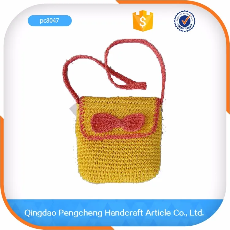 Green color handbag fabric bag paper straw kids handbag crochet beach bag