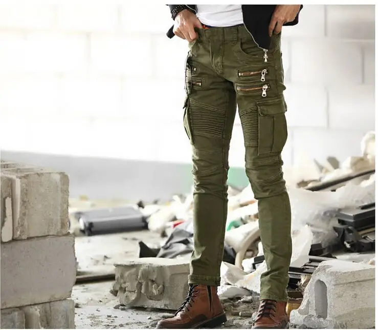 
two colors Green &black Mens biker Skinny jeans for men slim elastic jeans denim Biker jeans hiphop pants in stock accept small 