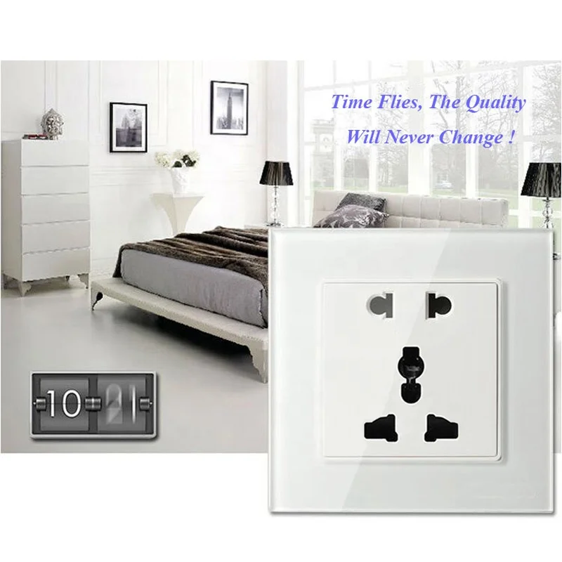 Crystal Tempered Glass Panel Universal 5 Pins Wall Outlet Socket 86 x 86 MM 13A 250V