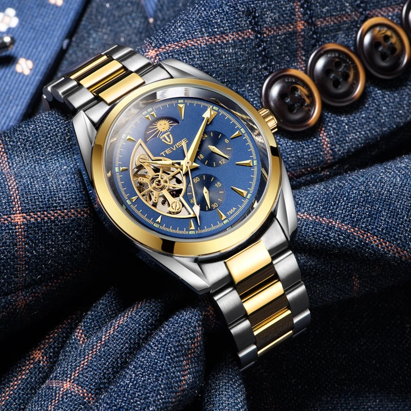 TEVISE Moon Phase Gold Men Skeleton Watch Automatic Mechanical Mens Watches Waterproof Self-winding Clock Stainless Steel Reloj