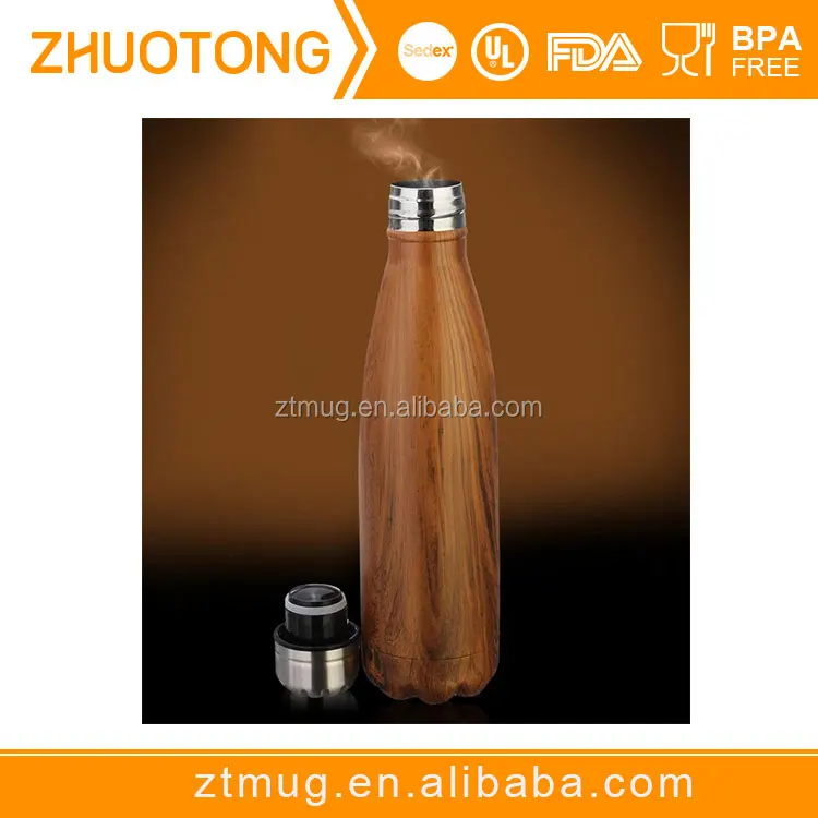 Stainless steel cola shape wooden grain pattern insulated outdoor water bottle