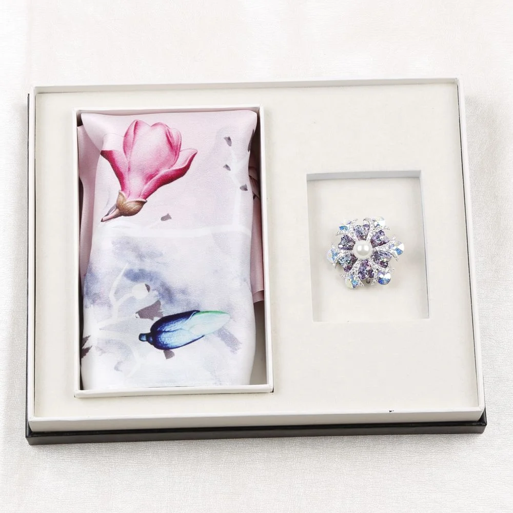 
Pink Silk Scarf & Brooch Women Business Classical Gift Set for Christmas 