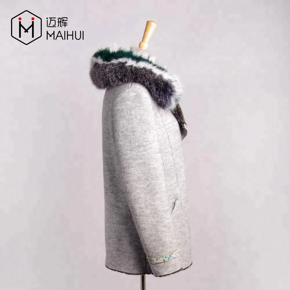 Fashion Style Beaded Wool Coat Lady Faux Fur Coat