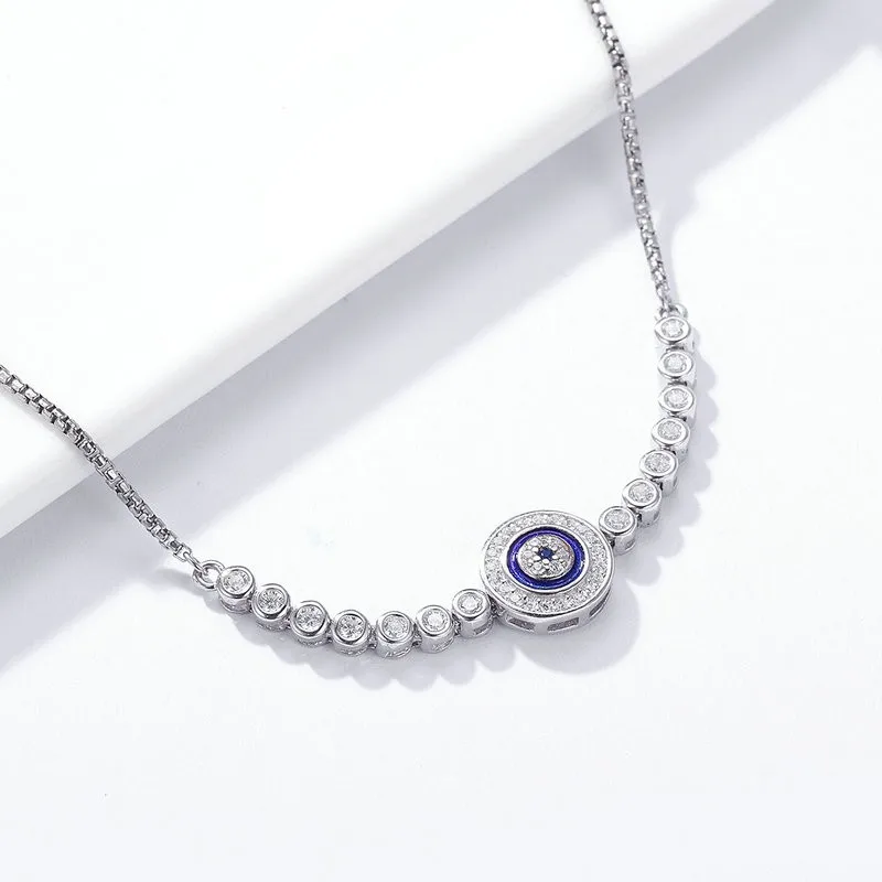 Custom Fine Jewelry New Product 925 Sterling Silver Blue Devil Eye Adjustable Chain Zircon Tennis Bracelet 14k gold plated