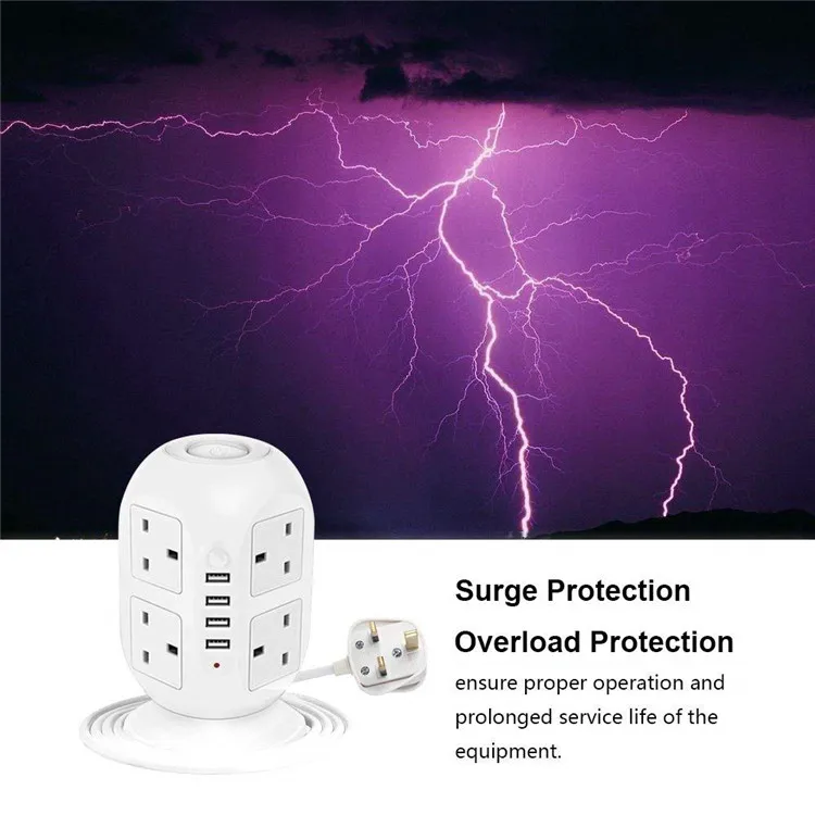 3M/9.8ft Extension Lead,4 USB Ports 8 Way Outlets Tower Power Strip Vertical Socket with Surge Protector Overload Protection