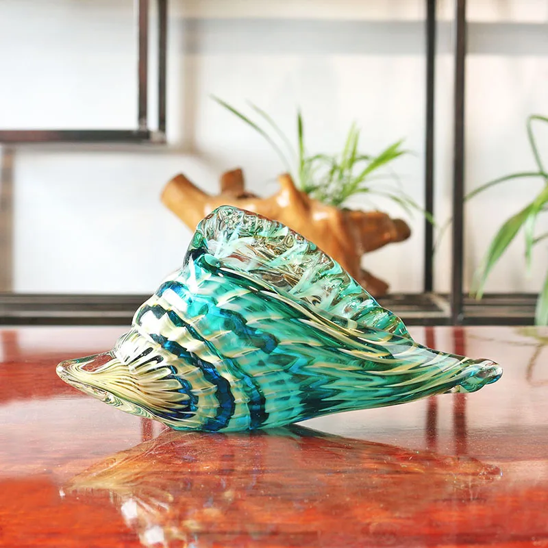 H&D Handmade Blue-Green Conch Art Glass Blown Ornaments For Home Office Decoration Creative Gift