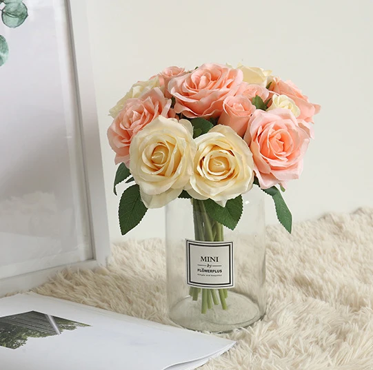 8 Heads Cheap Interior Red Rose Artificial Flower Bouquet Mini