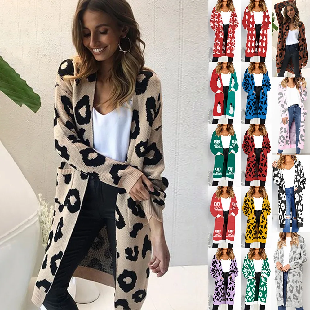 Women autumn leopard knitted long cardigan long sleeve sweater overcoat for female 2022 autumn new outerwear coats