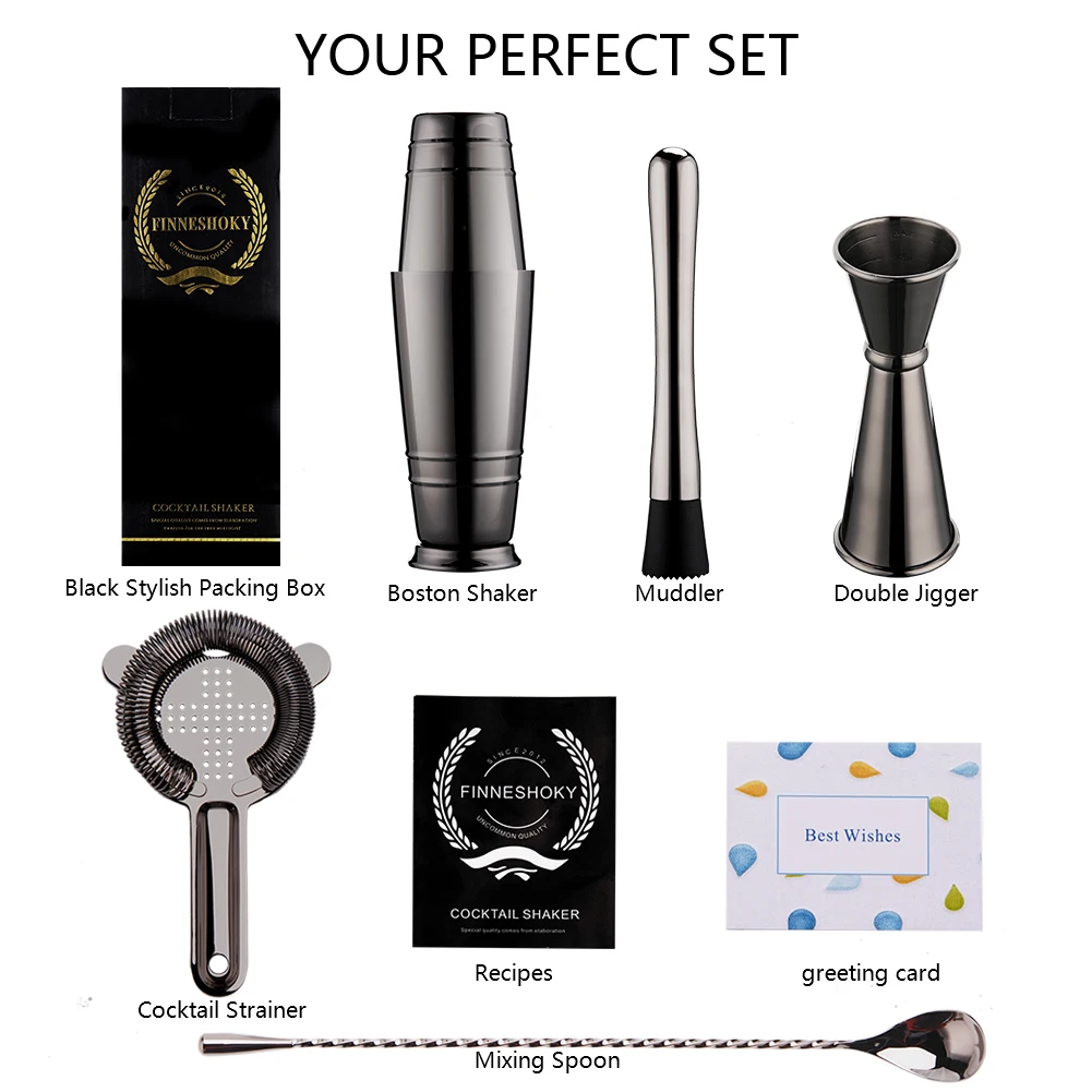Набор шейкеров для коктейлей Boston из нержавеющей стали с черным покрытием, 18 унций и 28 унций, 5 шт.