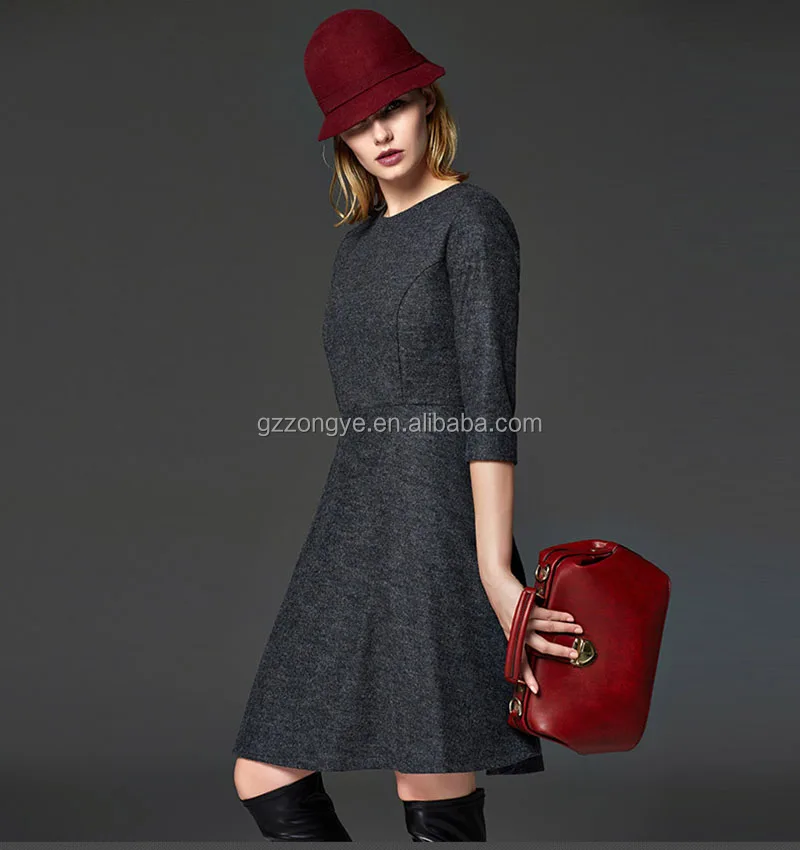 Fashion elbow woolen dress, women A line frock of Guangzhou clothing supplier