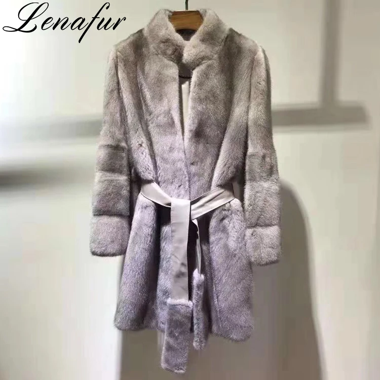 China Factory Wholesale Women Winter Grey Natural Long Luxury High Quality Imported Full Real Mink Fur Jacket Coat with Belt