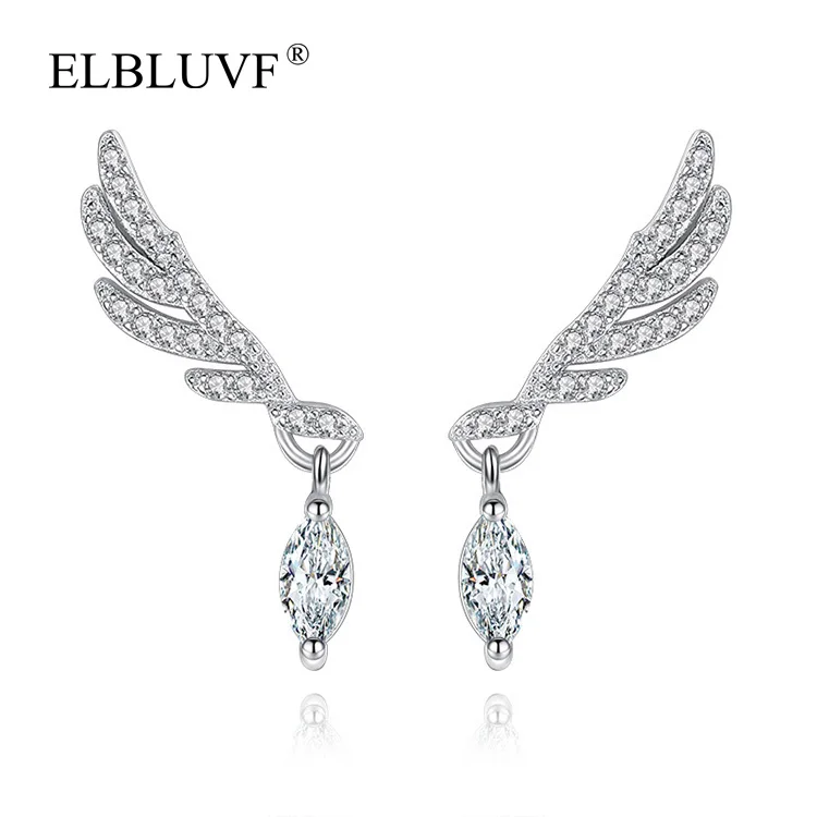 
ELBLUVF Free Shipping Copper Alloy 925 Silver Plated Eye Shape Zircon Feather Angel decorations Dangle Earrings Jewelry 