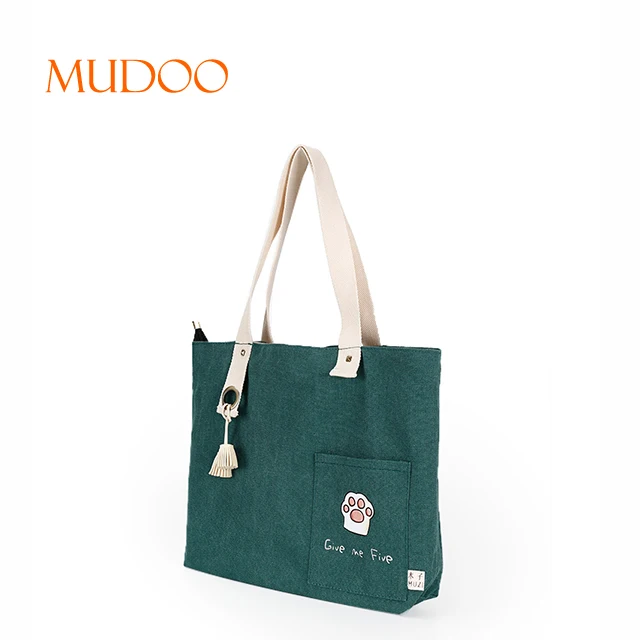Durable green promotional canvas shoulder bag with zipper