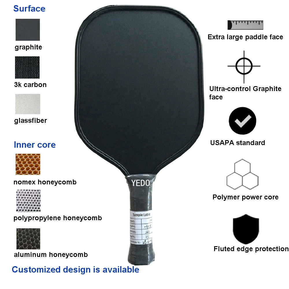 Pickleball paddle YEDO Sports Custom USAPA Graphite pickleball  paddle PP honeycomb Core