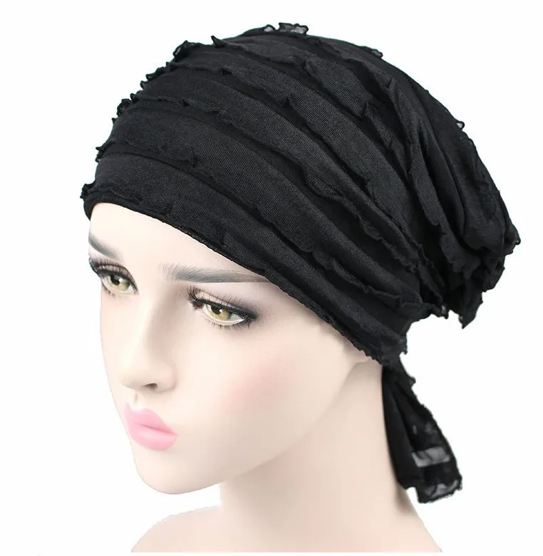 Wig Cap Turban Wrinkle Muslim Ruffle Chiffon Tripe Scarf Chemotherapy Hat Beanies Headwear for Women F0242