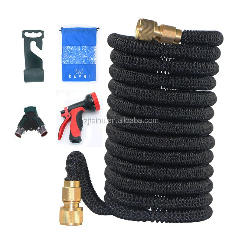 
PAHS approval double latex Platinum fittings high strong fabric flexible expanding garden hose with 7 way sprayer nozzle 