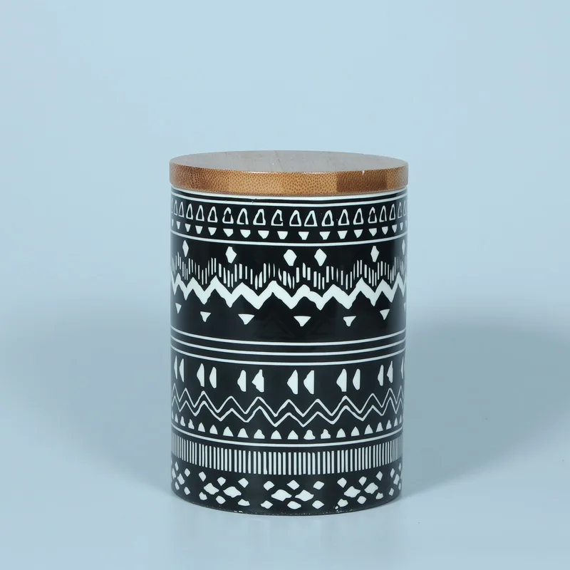 Geometric pattern ceramic candy cookie jar with bamboo lid
