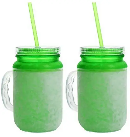 Plastic Mason Jar Frosty Freezer Mug, Double walled Gel Crystals with lid and straw, Great soda Beverage Mug