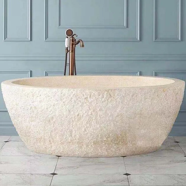 Freestanding High Polished Large Size Natural Sandstone Yellow Marble Stone Oval Bathtub Marble Stone Tub For Hotel Bathroom