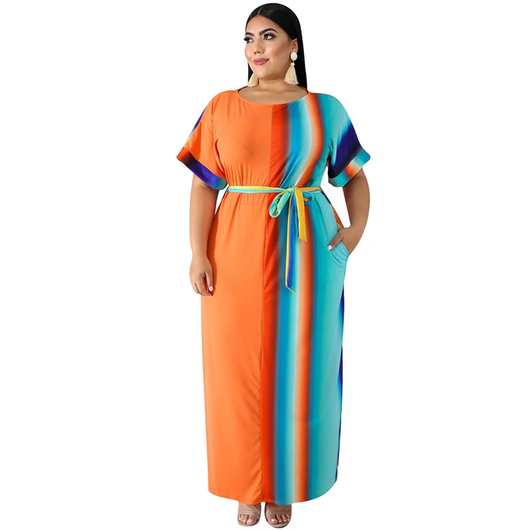 New Design Casual Fat Women One Piece High Waist Striped Print Dress With Belt Sexy Summer Long Maxi Dress Plus Size 2019