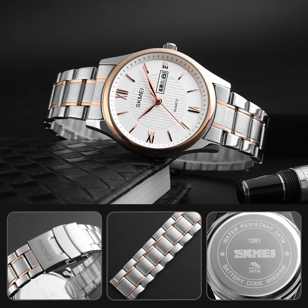 skmei 1261 mens stainless steel quartz goldlis watch quartz watch stainless steel japan movt 3atm water resistant quartz watch