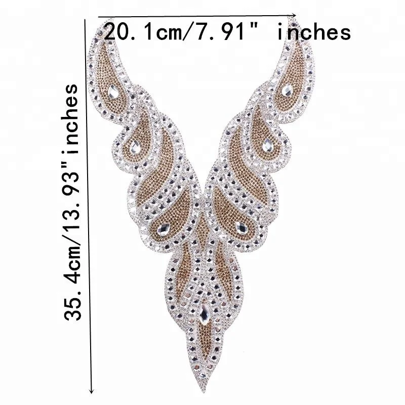 High Quality V Neck Collar Design Hot Fix Transfer Rhinestones Beaded Crystal Applique for Wedding Dress