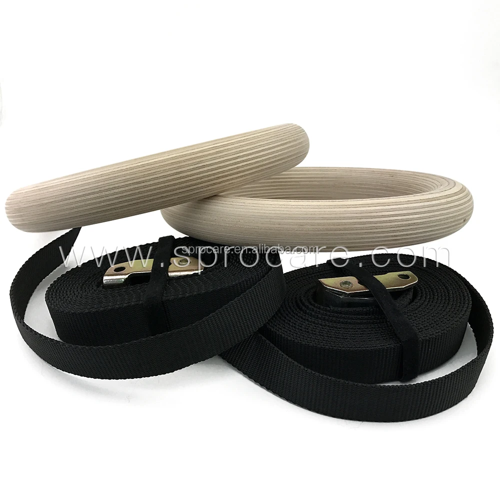 Sprocare Cross Fitness Gym Wooden Gymnastic Rings With Multicolor Straps