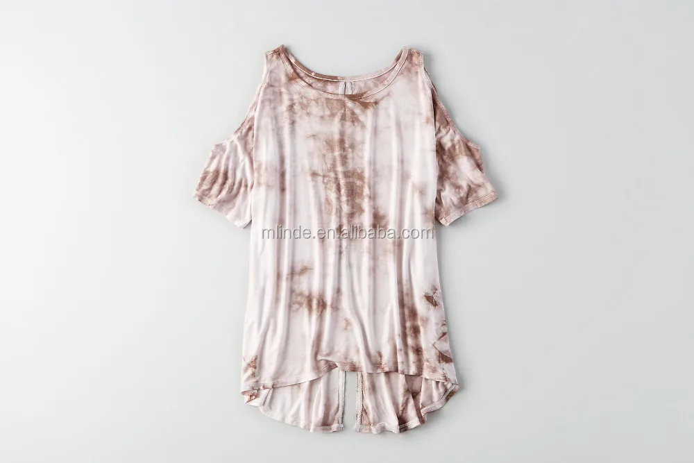 95% Rayon 5% Elastane Comfort Soft Sexy Keyhole Back Cold Shoulder Crew Neck Jersey Woman Summer Tie Dye T-Shirt