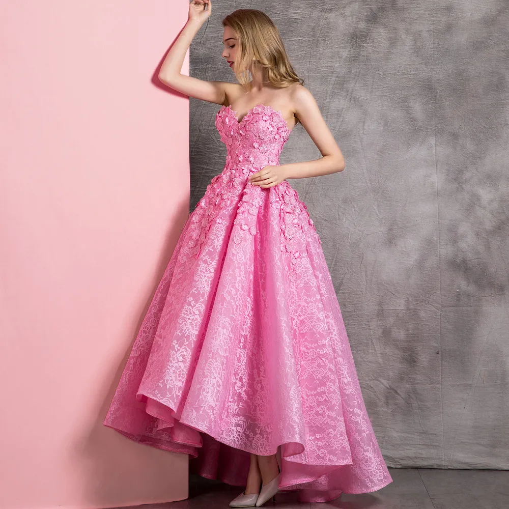 RSE899 3D Flowers Bridesmaid Pink High Low Lace Girls Graduation Party Dresses Prom Dress