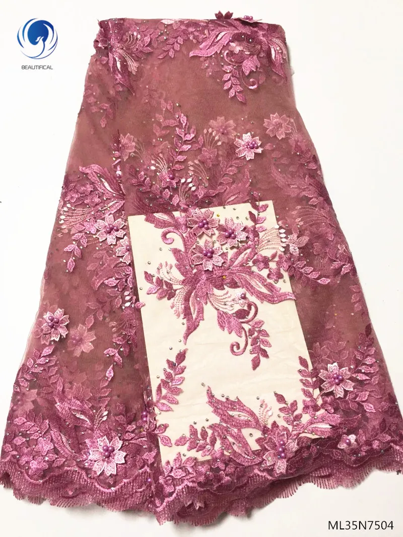 Beautifical nigerian french lace purple beads embroidery tulle net lace african 5 yards ML35N75