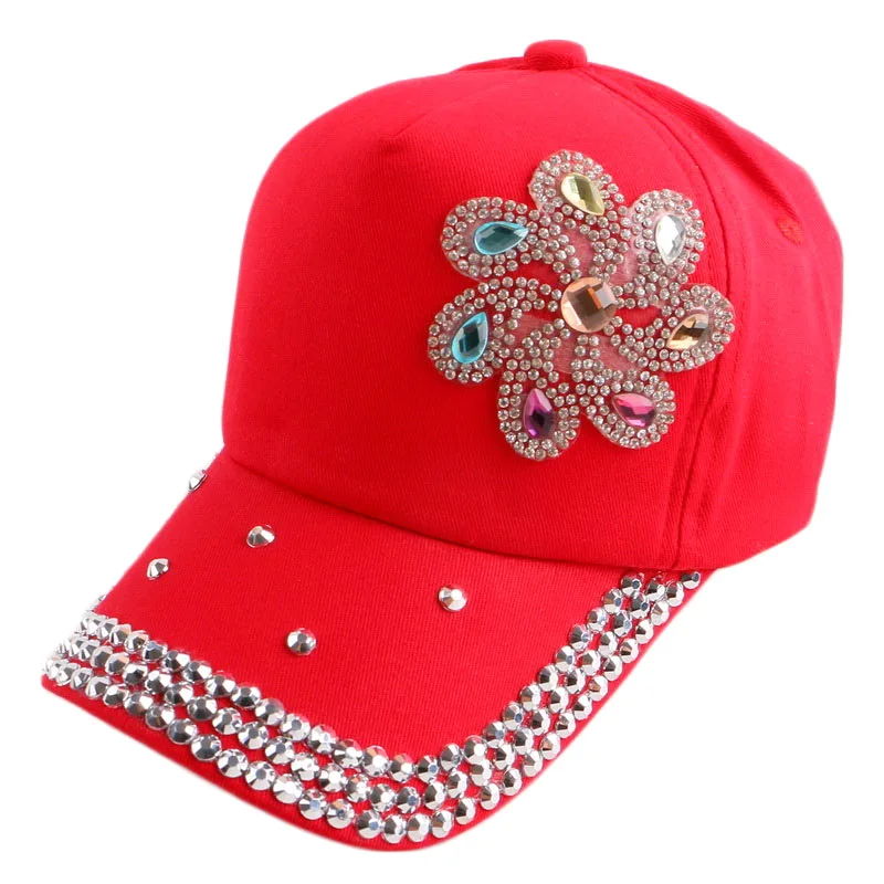 Wholesale high quality fashion colorful rhinestone womens 5 panel bling cotton baseball cap