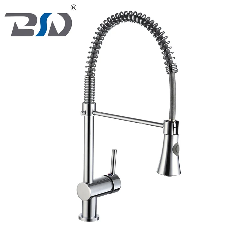European Long Neck Single Handle Water Ridge Brass Pull Out Down Nickel Brushed Kitchen Sink Faucet