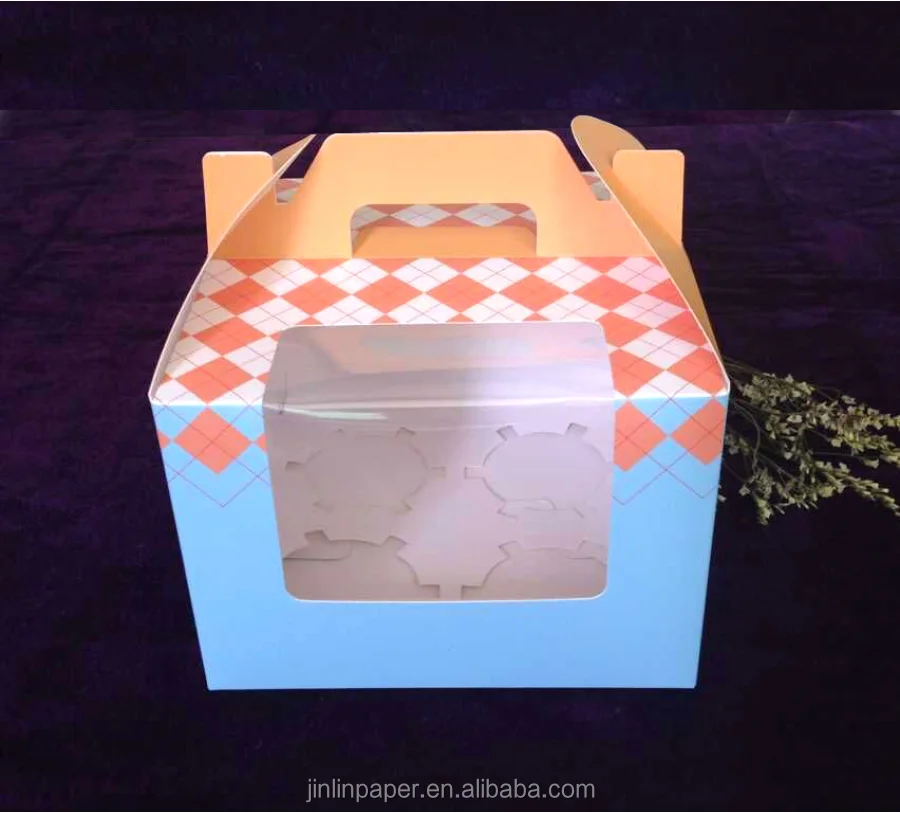 Биоразлагаемая бумажная коробка для маффинов с ручкой и разделителем 4 тортов