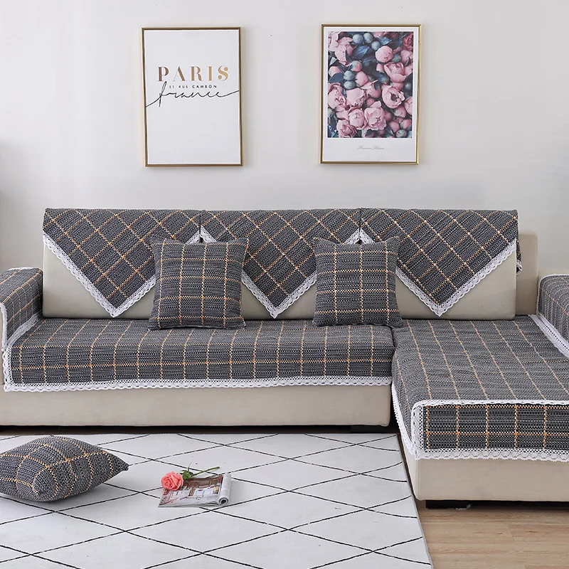 
Fashion black check lace edge home upholstery houndstooth corner sofa seat cover 