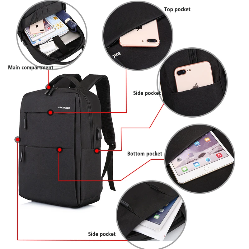 Black large unisex cool anti-theft bagpack travel leisure laptop waterproof anti theft backpack with usb charging port