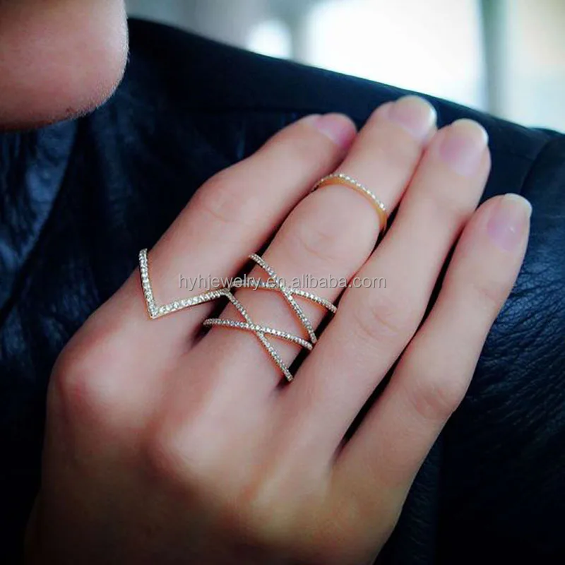 
Luxury style 925 sterling silver cubic zirconia ring wholesale cross/v shaped full finger ring jewelry women 