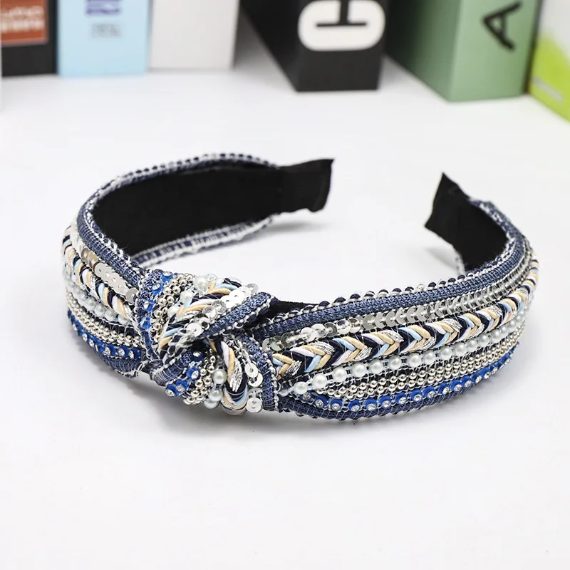 LRTOU Wholesale Custom Boho Handmade Weave Knot Plastic Hair Band Bead Crystal Stretchy Headband For Adult Women